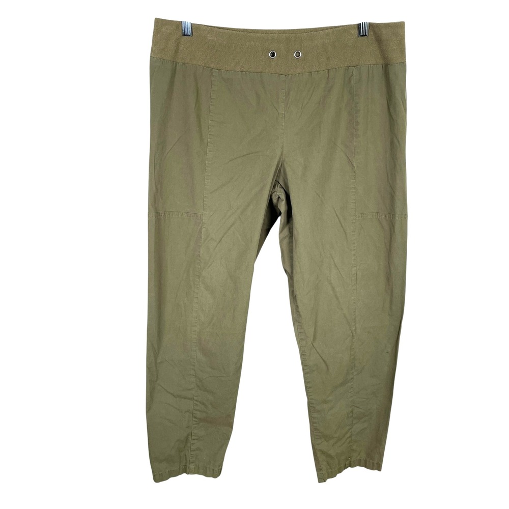 Eileen Fisher Organic Cotton Poplin Ankle Pants Womens L Army Green Stretch read